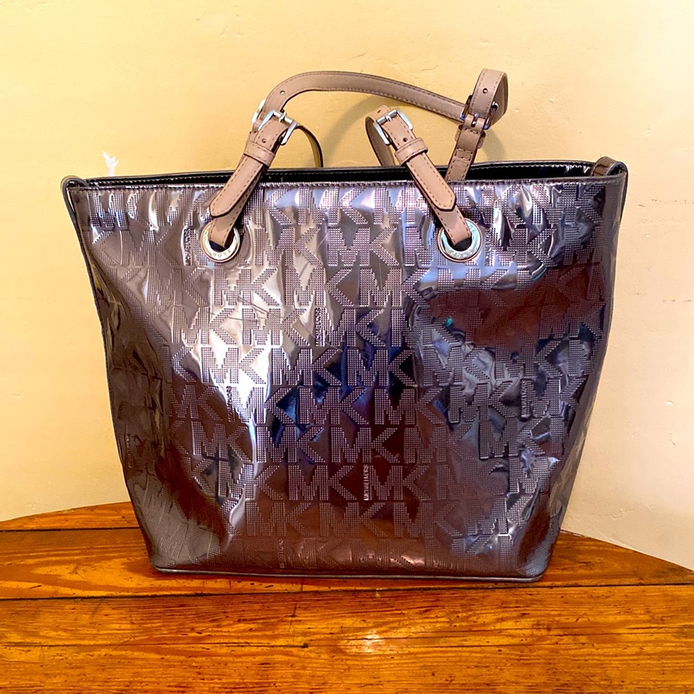 Michael Kors Monogram Mirror Metallic Silver/bronze Tote. Very clean.